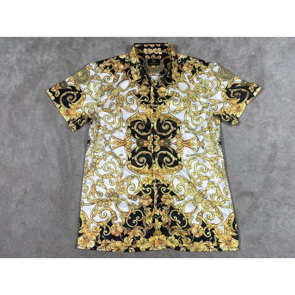 Rising Revolt Paris Mens Large Baroque Medallion Short Sleeve Button Down Shirt - Picture 2 of 5
